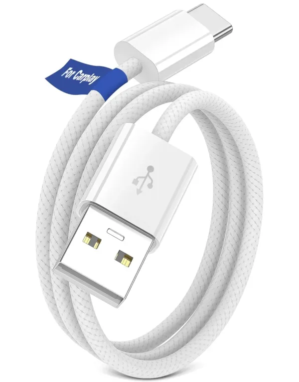 This white 3.3 ft USB-A to USB-C cable is ideal for connecting your iPhone 15, 16, or Samsung Galaxy S23, S24, S25 to your car's CarPlay or Android Auto system, offering fast charging and reliable data transfer with its durable braided design.