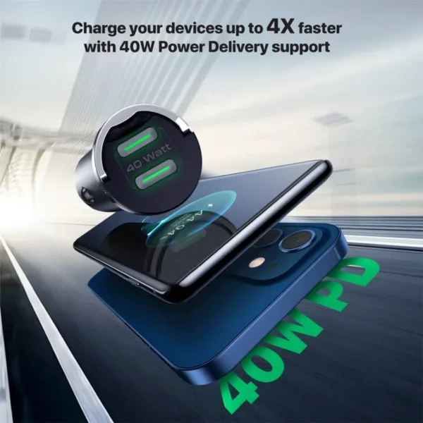 The Promate ultra-compact USB-C car charger with dual 40W power delivery ports and an aluminum alloy finish quickly charges two iPhones or Galaxy phones simultaneously, featuring a mini handle for easy removal and multi-protection safety features.