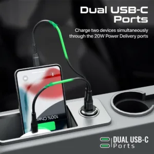 The Promate ultra-compact USB-C car charger with dual 40W power delivery ports and an aluminum alloy finish quickly charges two iPhones or Galaxy phones simultaneously, featuring a mini handle for easy removal and multi-protection safety features.