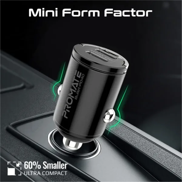 The Promate ultra-compact USB-C car charger with dual 40W power delivery ports and an aluminum alloy finish quickly charges two iPhones or Galaxy phones simultaneously, featuring a mini handle for easy removal and multi-protection safety features.