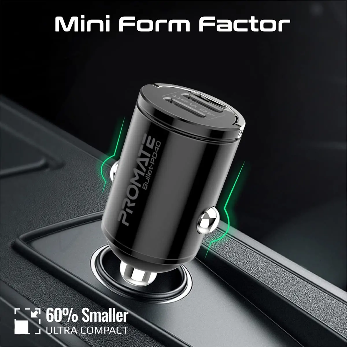 The Promate ultra-compact USB-C car charger with dual 40W power delivery ports and an aluminum alloy finish quickly charges two iPhones or Galaxy phones simultaneously, featuring a mini handle for easy removal and multi-protection safety features.