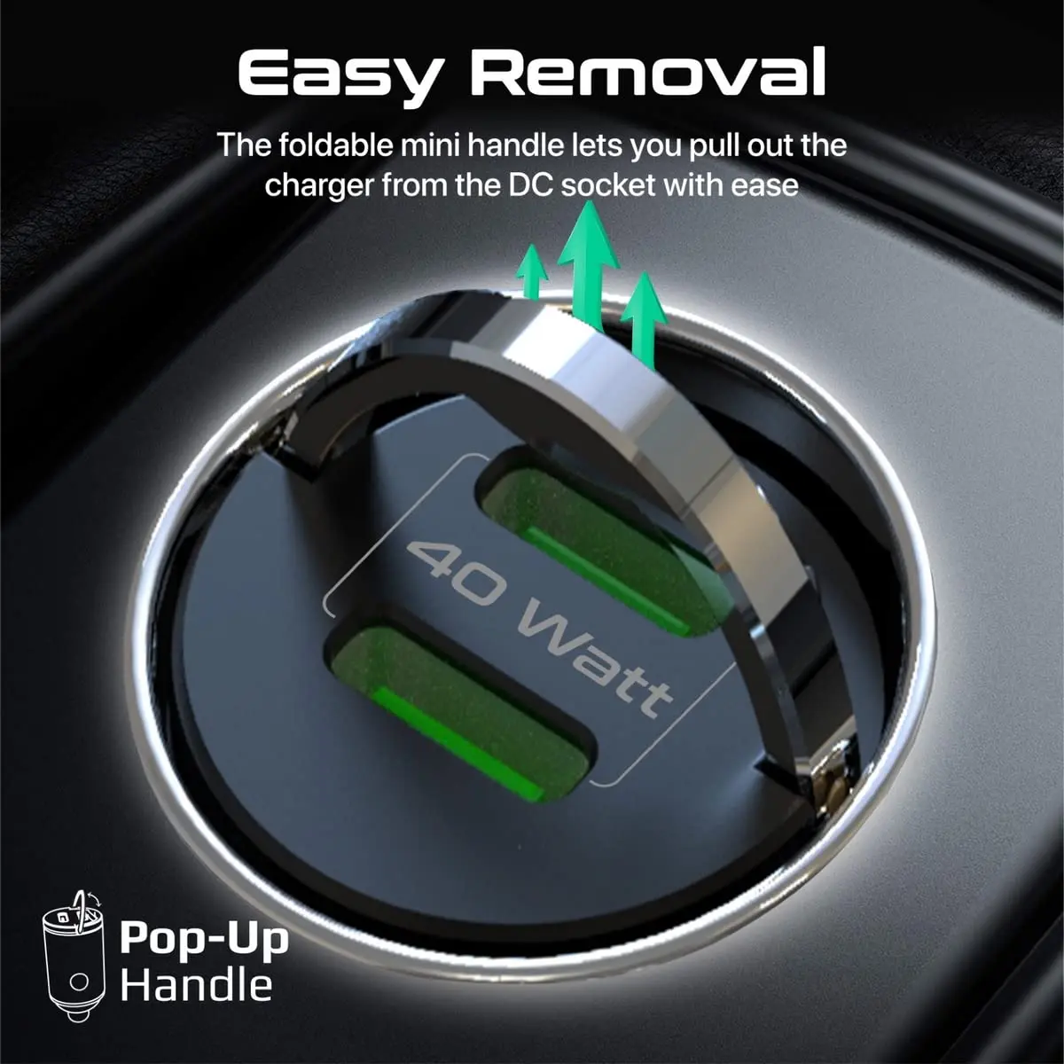 The Promate ultra-compact USB-C car charger with dual 40W power delivery ports and an aluminum alloy finish quickly charges two iPhones or Galaxy phones simultaneously, featuring a mini handle for easy removal and multi-protection safety features.