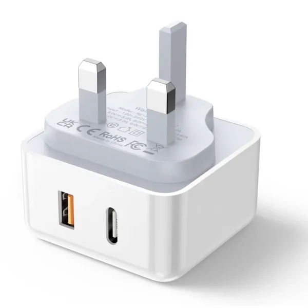 Aioneus 20W USB C charger featuring both USB-C and USB-A ports for fast charging of iPhones, iPads, Galaxy phones, MacBooks, and other compatible devices, equipped with safety features to prevent overcharging and short circuits.