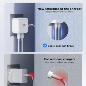 Aioneus 20W USB C charger featuring both USB-C and USB-A ports for fast charging of iPhones, iPads, Galaxy phones, MacBooks, and other compatible devices, equipped with safety features to prevent overcharging and short circuits.