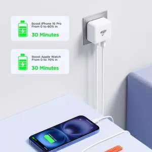 Aioneus 20W USB C charger featuring both USB-C and USB-A ports for fast charging of iPhones, iPads, Galaxy phones, MacBooks, and other compatible devices, equipped with safety features to prevent overcharging and short circuits.