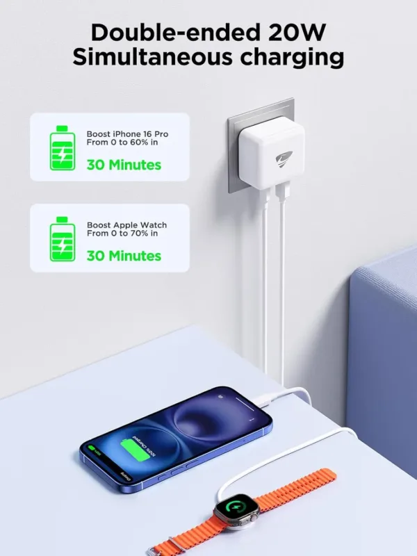 Aioneus 20W USB C charger featuring both USB-C and USB-A ports for fast charging of iPhones, iPads, Galaxy phones, MacBooks, and other compatible devices, equipped with safety features to prevent overcharging and short circuits.