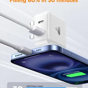 Aioneus 20W USB C charger featuring both USB-C and USB-A ports for fast charging of iPhones, iPads, Galaxy phones, MacBooks, and other compatible devices, equipped with safety features to prevent overcharging and short circuits.