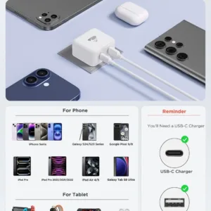 Aioneus 20W USB C charger featuring both USB-C and USB-A ports for fast charging of iPhones, iPads, Galaxy phones, MacBooks, and other compatible devices, equipped with safety features to prevent overcharging and short circuits.