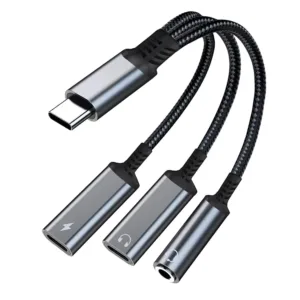 This is a 3-in-1 USB-C adapter that allows you to charge your USB-C devices while using either a USB-C or 3.5mm headphone jack for audio output.
