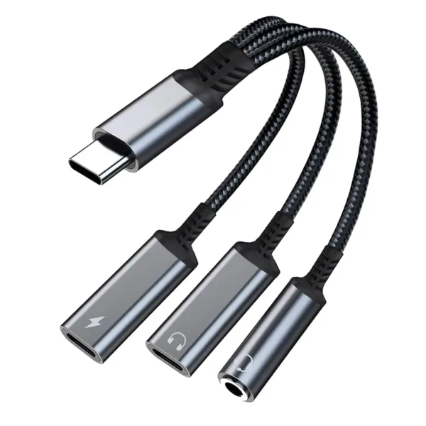 This is a 3-in-1 USB-C adapter that allows you to charge your USB-C devices while using either a USB-C or 3.5mm headphone jack for audio output.