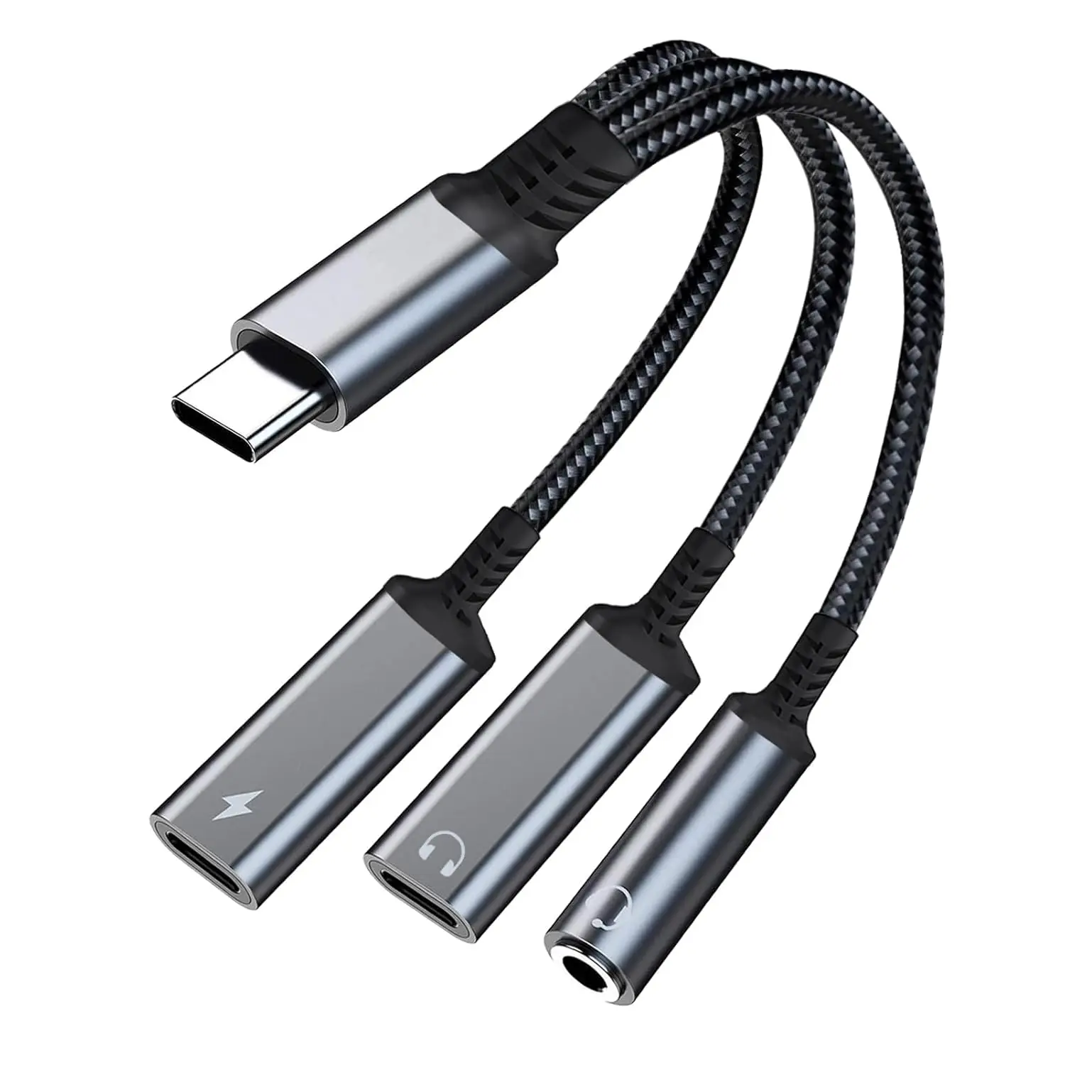 This is a 3-in-1 USB-C adapter that allows you to charge your USB-C devices while using either a USB-C or 3.5mm headphone jack for audio output.