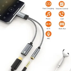 This USB C to 3.5mm adapter allows simultaneous audio and 100W PD fast charging for USB-C devices like phones, tablets, and laptops, supporting Hi-Fi audio and call functions.