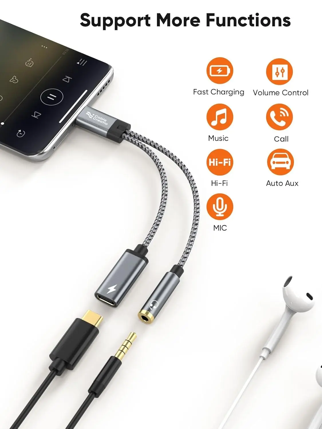 This USB C to 3.5mm adapter allows simultaneous audio and 100W PD fast charging for USB-C devices like phones, tablets, and laptops, supporting Hi-Fi audio and call functions.