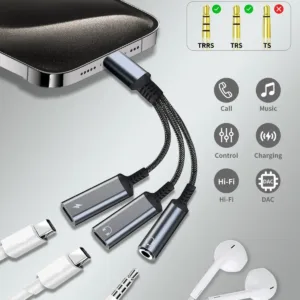 This is a 3-in-1 USB-C adapter that allows you to charge your USB-C devices while using either a USB-C or 3.5mm headphone jack for audio output.