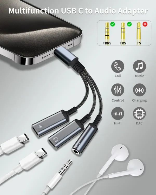 This is a 3-in-1 USB-C adapter that allows you to charge your USB-C devices while using either a USB-C or 3.5mm headphone jack for audio output.