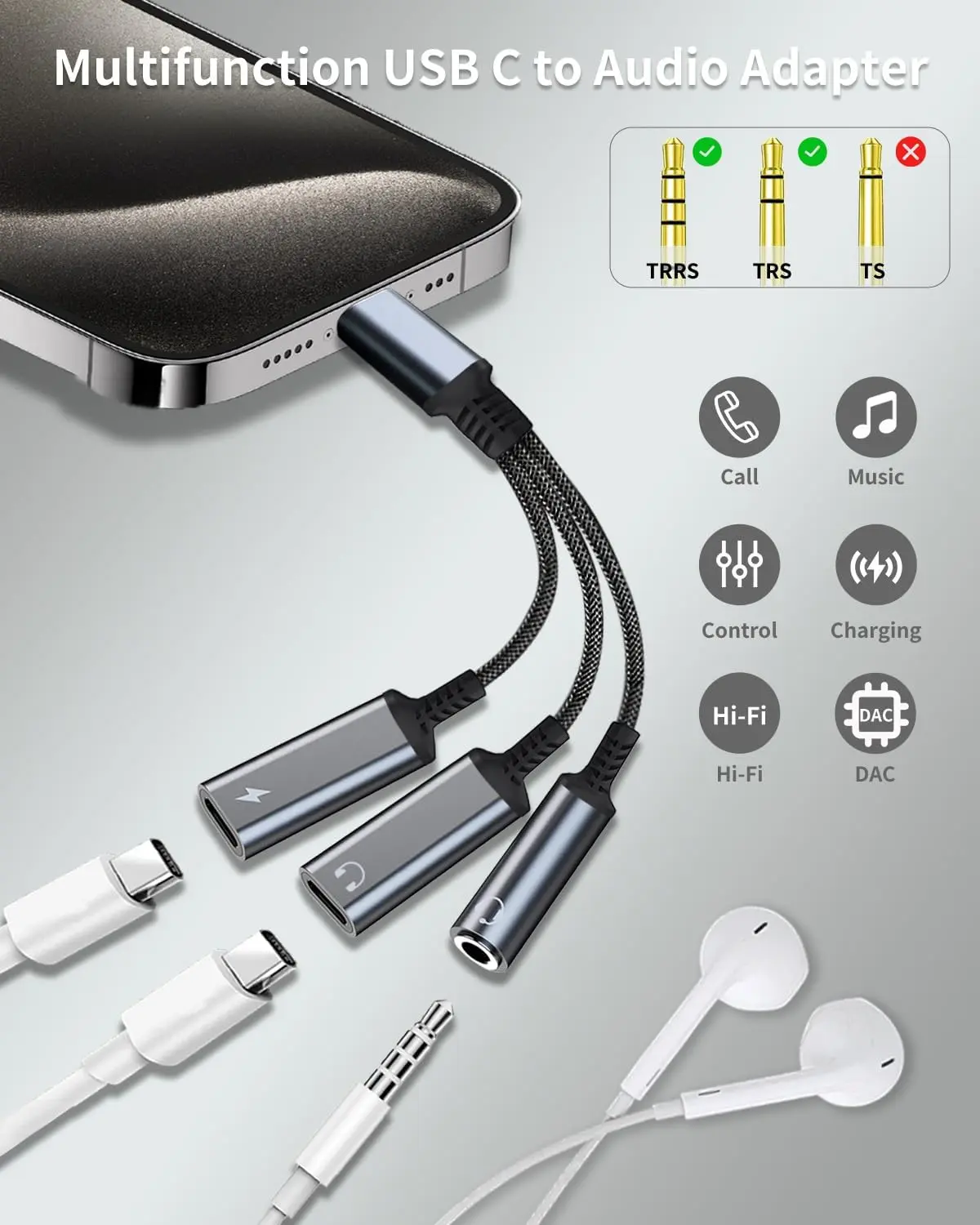 This is a 3-in-1 USB-C adapter that allows you to charge your USB-C devices while using either a USB-C or 3.5mm headphone jack for audio output.