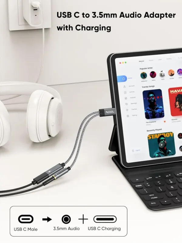 This USB C to 3.5mm adapter allows simultaneous audio and 100W PD fast charging for USB-C devices like phones, tablets, and laptops, supporting Hi-Fi audio and call functions.