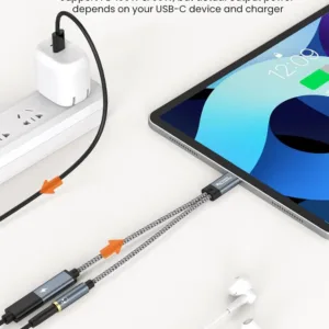 This USB C to 3.5mm adapter allows simultaneous audio and 100W PD fast charging for USB-C devices like phones, tablets, and laptops, supporting Hi-Fi audio and call functions.