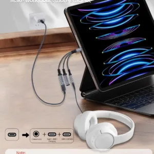 This is a 3-in-1 USB-C adapter that allows you to charge your USB-C devices while using either a USB-C or 3.5mm headphone jack for audio output.