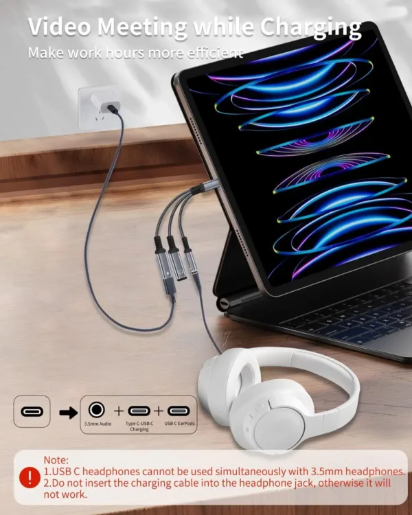 This is a 3-in-1 USB-C adapter that allows you to charge your USB-C devices while using either a USB-C or 3.5mm headphone jack for audio output.