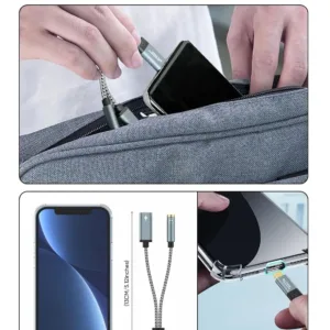 This USB C to 3.5mm adapter allows simultaneous audio and 100W PD fast charging for USB-C devices like phones, tablets, and laptops, supporting Hi-Fi audio and call functions.