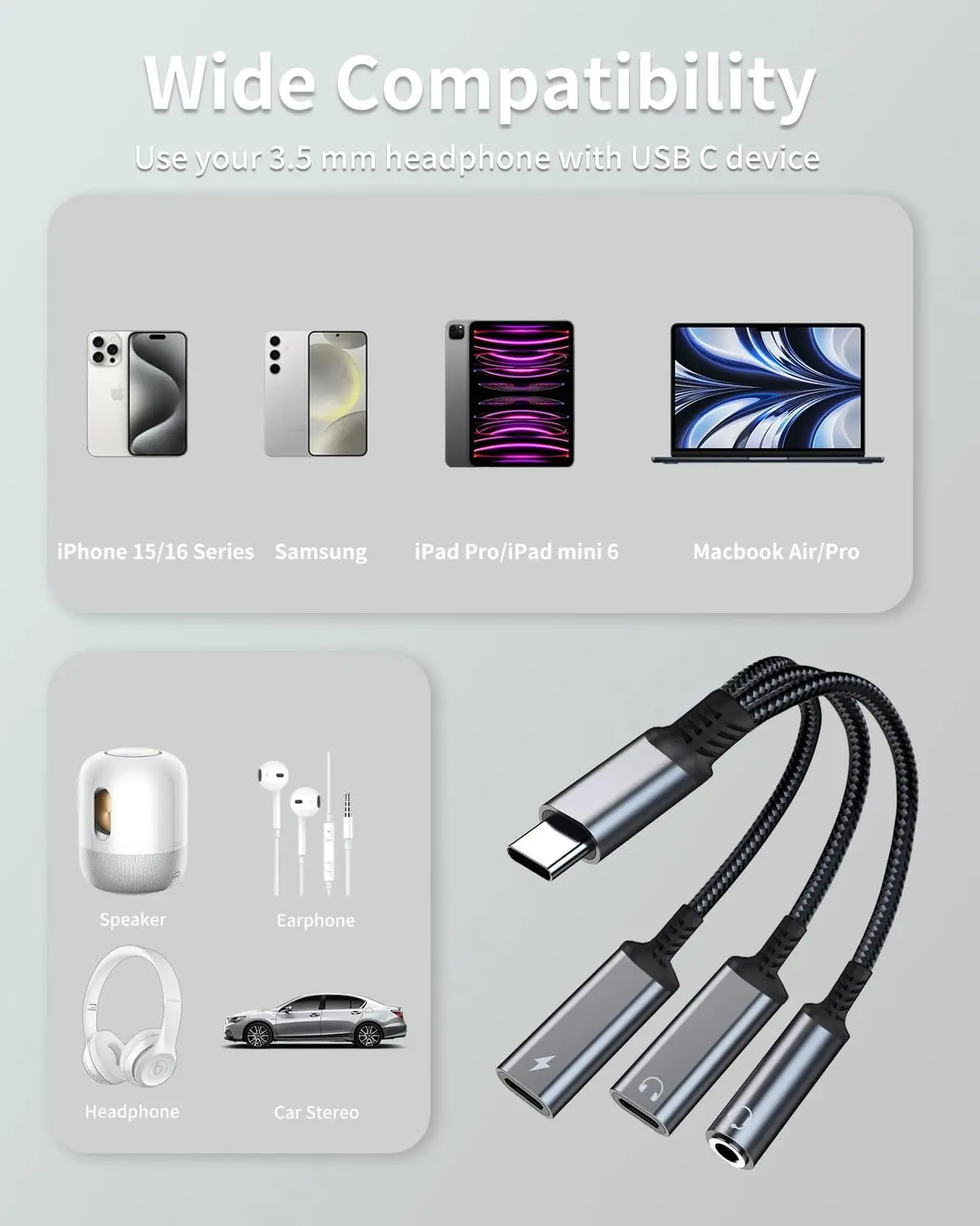 This is a 3-in-1 USB-C adapter that allows you to charge your USB-C devices while using either a USB-C or 3.5mm headphone jack for audio output.