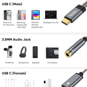This USB C to 3.5mm adapter allows simultaneous audio and 100W PD fast charging for USB-C devices like phones, tablets, and laptops, supporting Hi-Fi audio and call functions.
