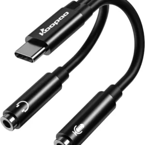 A USB C headphone splitter adapter connects a dual-plug gaming headset with separate audio and microphone jacks to a USB-C device like an iPhone 15 or Samsung Galaxy phone.