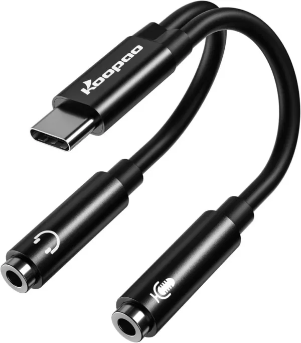 A USB C headphone splitter adapter connects a dual-plug gaming headset with separate audio and microphone jacks to a USB-C device like an iPhone 15 or Samsung Galaxy phone.