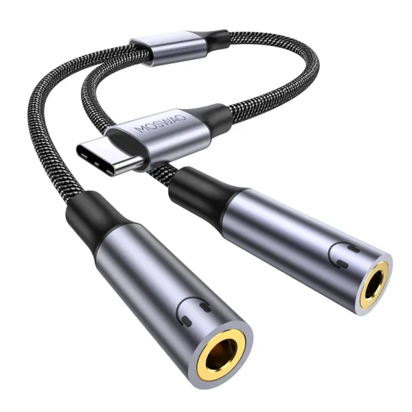 This USB C headphone splitter lets you share audio from your USB-C devices with two 3.5mm headphones, providing high-quality sound and broad compatibility with phones like Samsung Galaxy and Google Pixel.