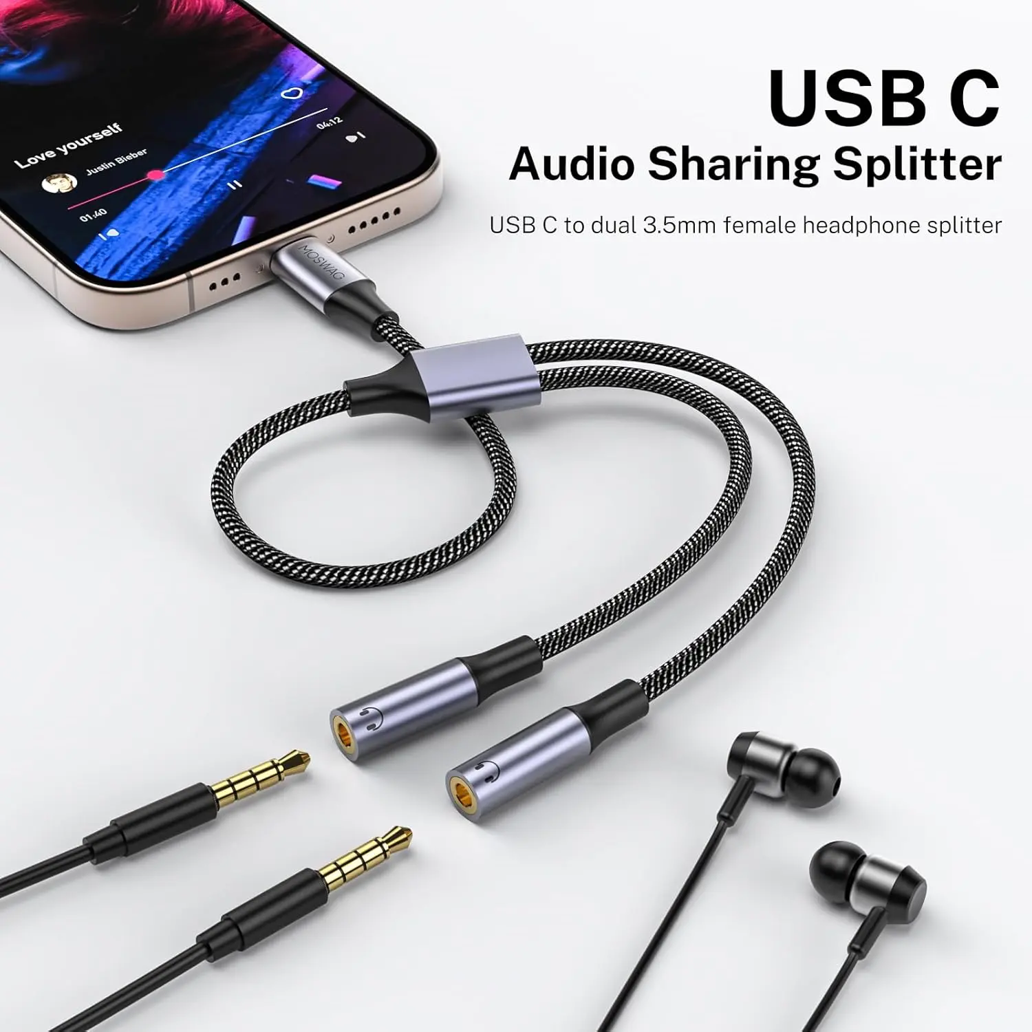 This USB C headphone splitter lets you share audio from your USB-C devices with two 3.5mm headphones, providing high-quality sound and broad compatibility with phones like Samsung Galaxy and Google Pixel.