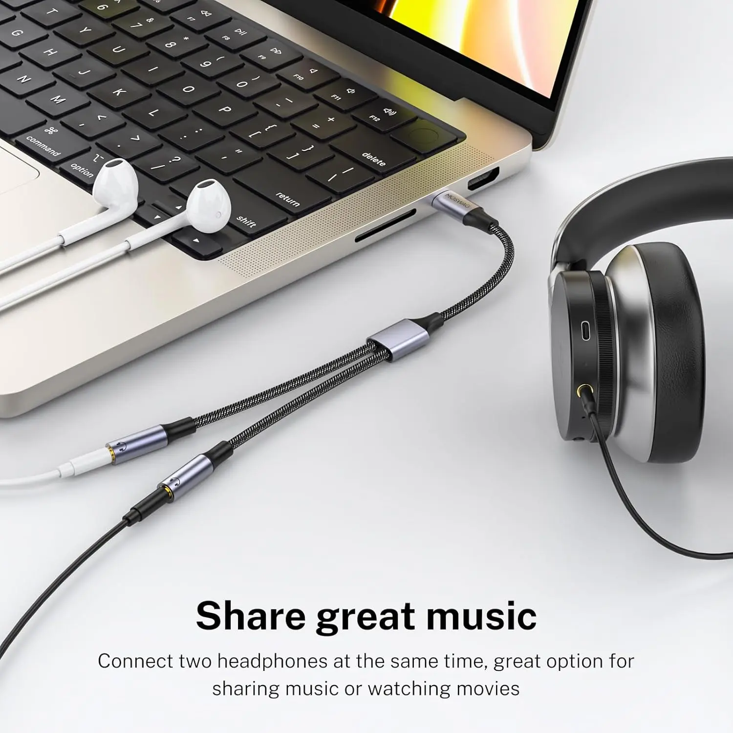 This USB C headphone splitter lets you share audio from your USB-C devices with two 3.5mm headphones, providing high-quality sound and broad compatibility with phones like Samsung Galaxy and Google Pixel.