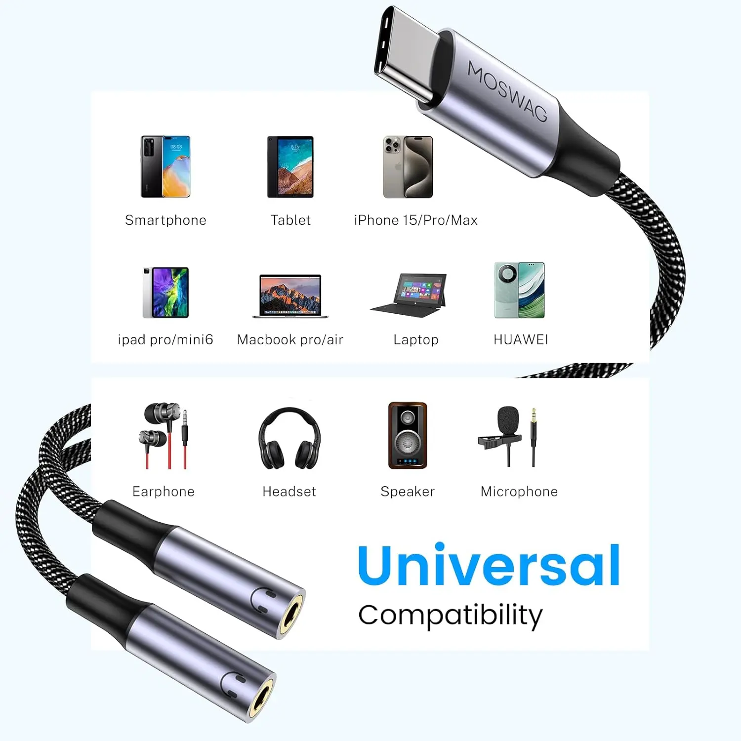 This USB C headphone splitter lets you share audio from your USB-C devices with two 3.5mm headphones, providing high-quality sound and broad compatibility with phones like Samsung Galaxy and Google Pixel.