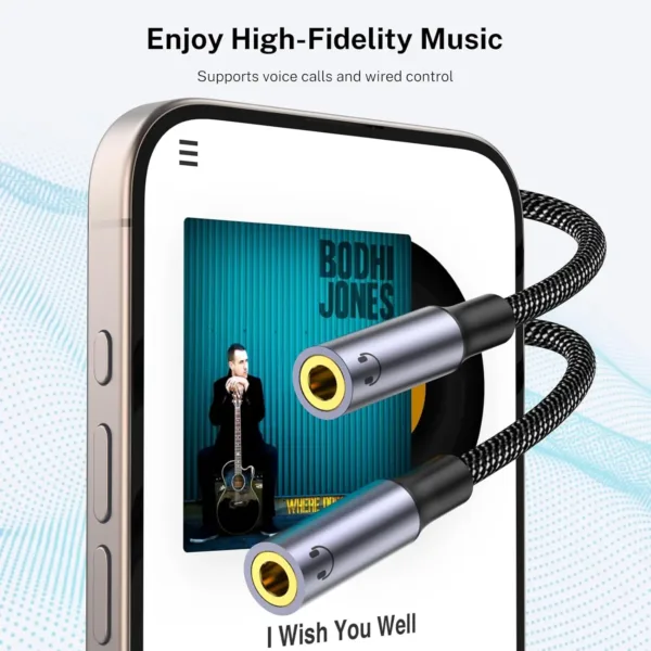 This USB C headphone splitter lets you share audio from your USB-C devices with two 3.5mm headphones, providing high-quality sound and broad compatibility with phones like Samsung Galaxy and Google Pixel.