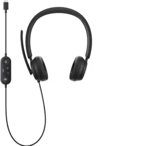 The black Microsoft Modern USB-C Headset features comfortable on-ear padded cups, in-line call controls, a mute status light, and a background noise-reducing microphone for clear communication on your PC, Mac, or laptop.