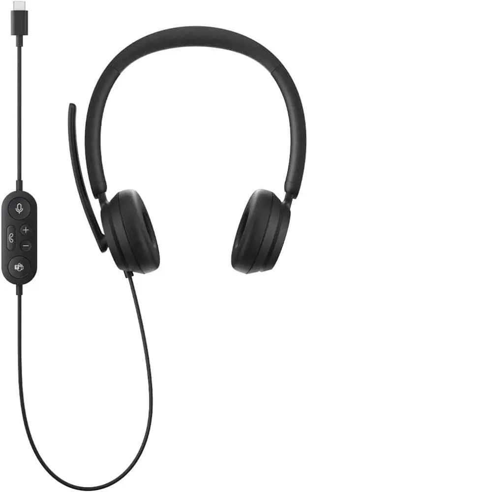 The black Microsoft Modern USB-C Headset features comfortable on-ear padded cups, in-line call controls, a mute status light, and a background noise-reducing microphone for clear communication on your PC, Mac, or laptop.