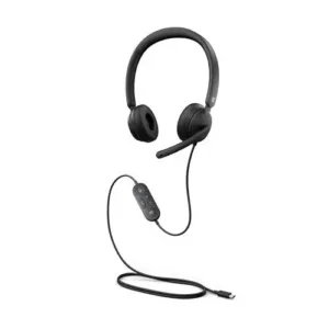 The black Microsoft Modern USB-C Headset features comfortable on-ear padded cups, in-line call controls, a mute status light, and a background noise-reducing microphone for clear communication on your PC, Mac, or laptop.