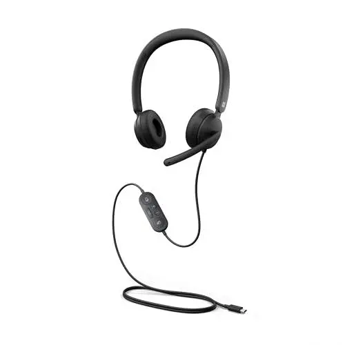 The black Microsoft Modern USB-C Headset features comfortable on-ear padded cups, in-line call controls, a mute status light, and a background noise-reducing microphone for clear communication on your PC, Mac, or laptop.