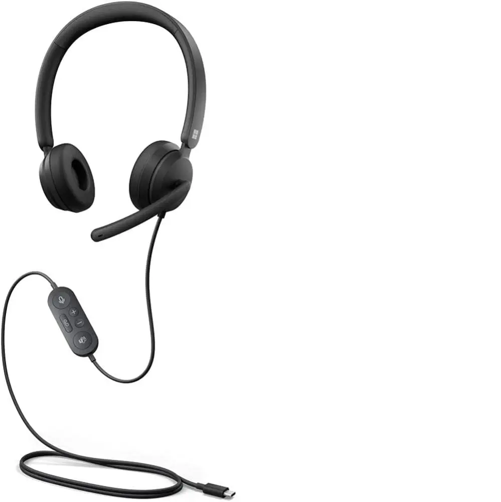 The black Microsoft Modern USB-C Headset features comfortable on-ear padded cups, in-line call controls, a mute status light, and a background noise-reducing microphone for clear communication on your PC, Mac, or laptop.