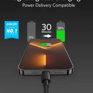 This is a six-foot black Anker USB-C to Lightning cable that is MFi certified and compatible with iPhones and other Lightning devices, offering fast charging and durable construction.