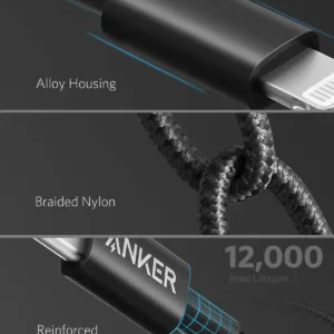 This is a six-foot black Anker USB-C to Lightning cable that is MFi certified and compatible with iPhones and other Lightning devices, offering fast charging and durable construction.
