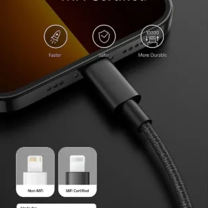 This is a six-foot black Anker USB-C to Lightning cable that is MFi certified and compatible with iPhones and other Lightning devices, offering fast charging and durable construction.