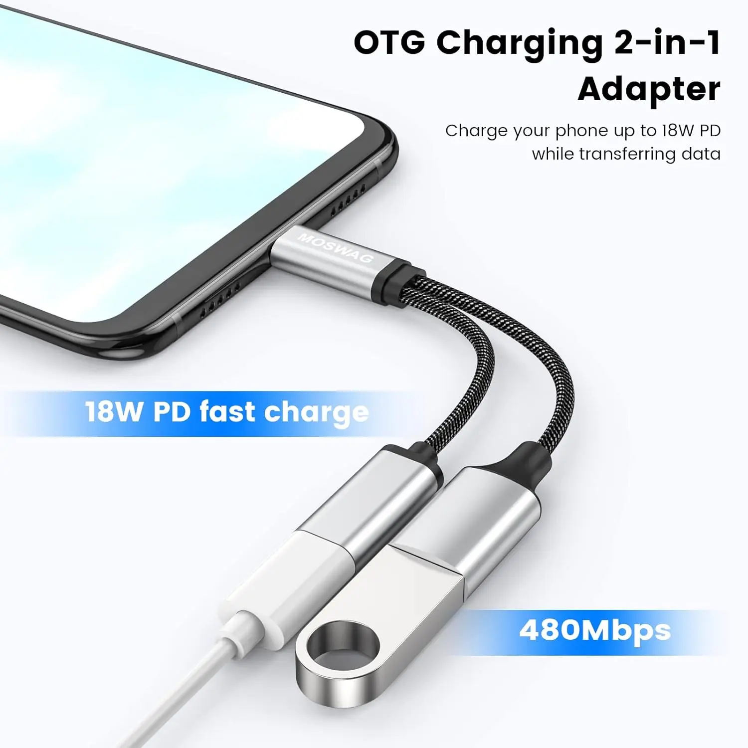 This USB C OTG adapter splitter features a USB C female port for 18W PD fast charging and a USB A female port for data transfer, offering wide compatibility with devices like Chromecast, Samsung Galaxy, Google Pixel, and LG phones.