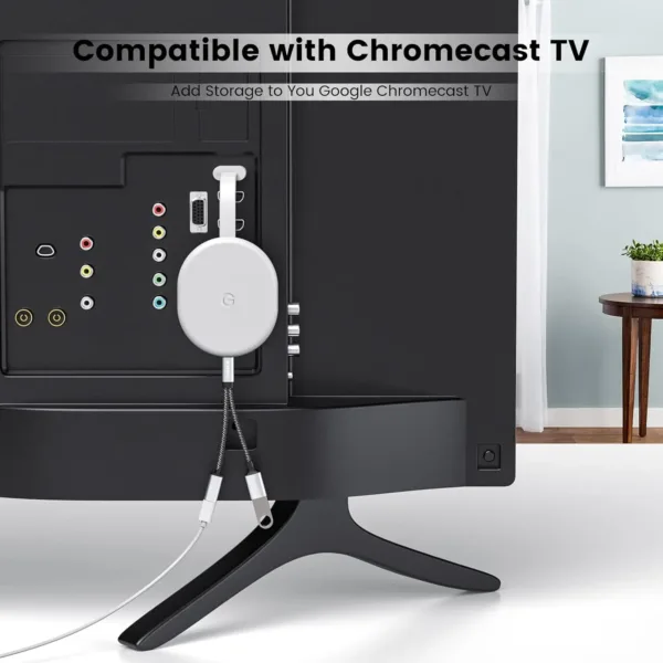 This USB C OTG adapter splitter features a USB C female port for 18W PD fast charging and a USB A female port for data transfer, offering wide compatibility with devices like Chromecast, Samsung Galaxy, Google Pixel, and LG phones.