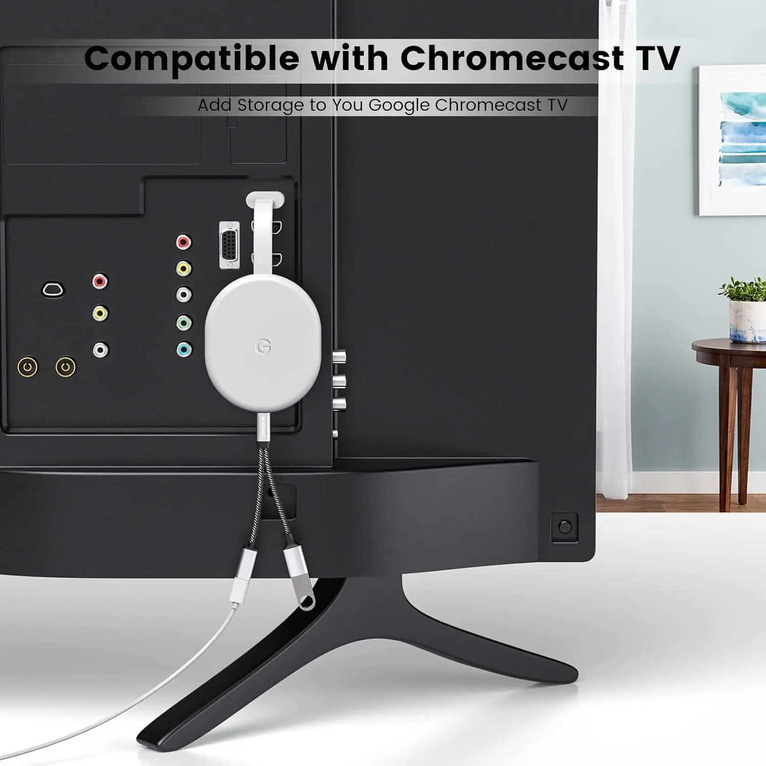 This USB C OTG adapter splitter features a USB C female port for 18W PD fast charging and a USB A female port for data transfer, offering wide compatibility with devices like Chromecast, Samsung Galaxy, Google Pixel, and LG phones.