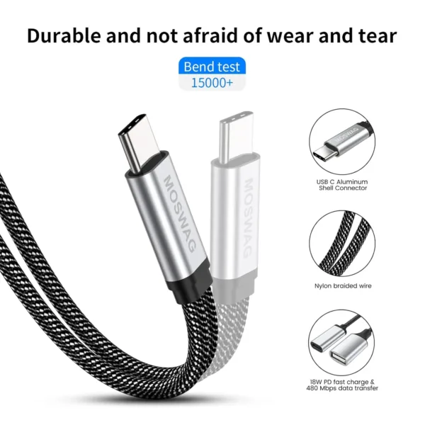 This USB C OTG adapter splitter features a USB C female port for 18W PD fast charging and a USB A female port for data transfer, offering wide compatibility with devices like Chromecast, Samsung Galaxy, Google Pixel, and LG phones.