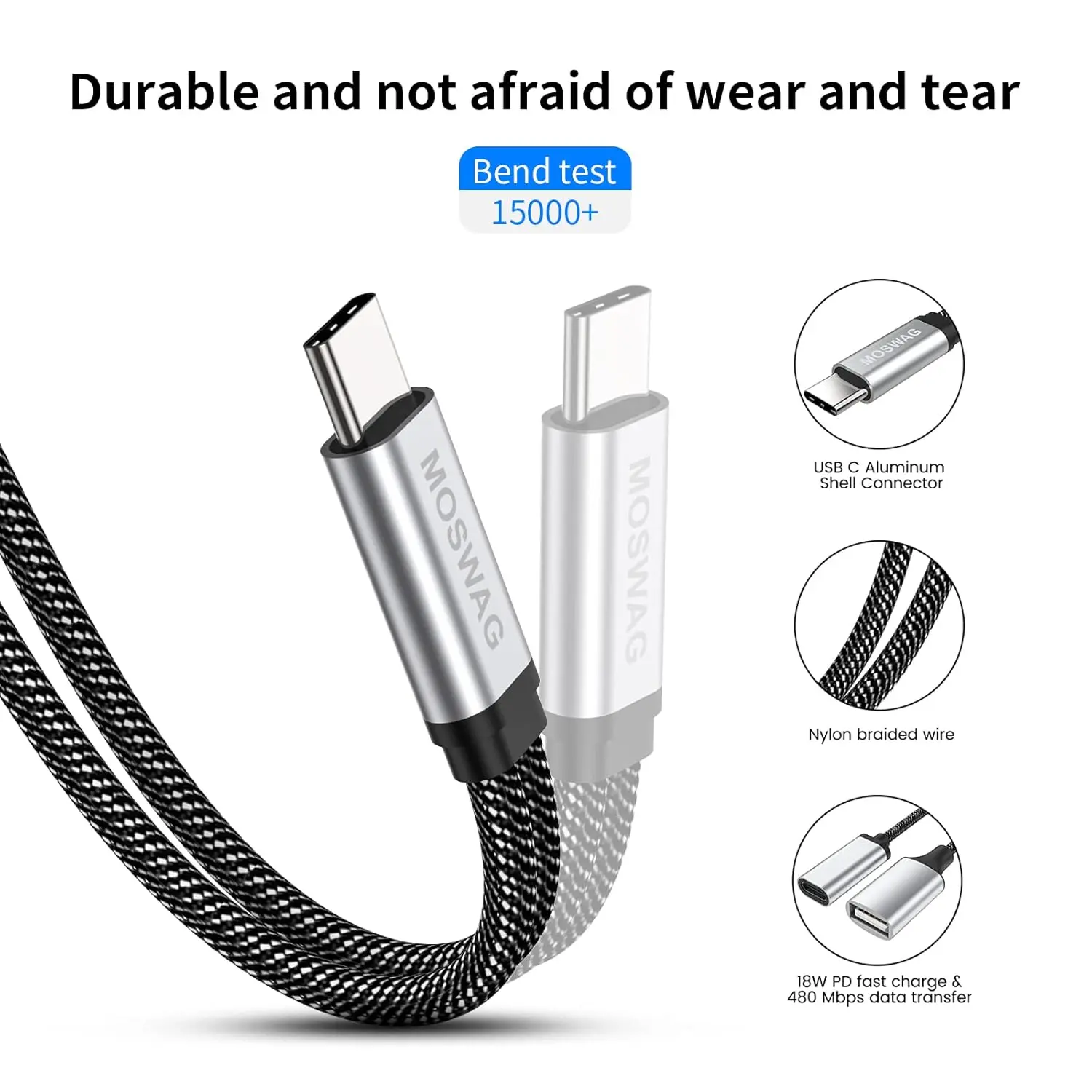 This USB C OTG adapter splitter features a USB C female port for 18W PD fast charging and a USB A female port for data transfer, offering wide compatibility with devices like Chromecast, Samsung Galaxy, Google Pixel, and LG phones.