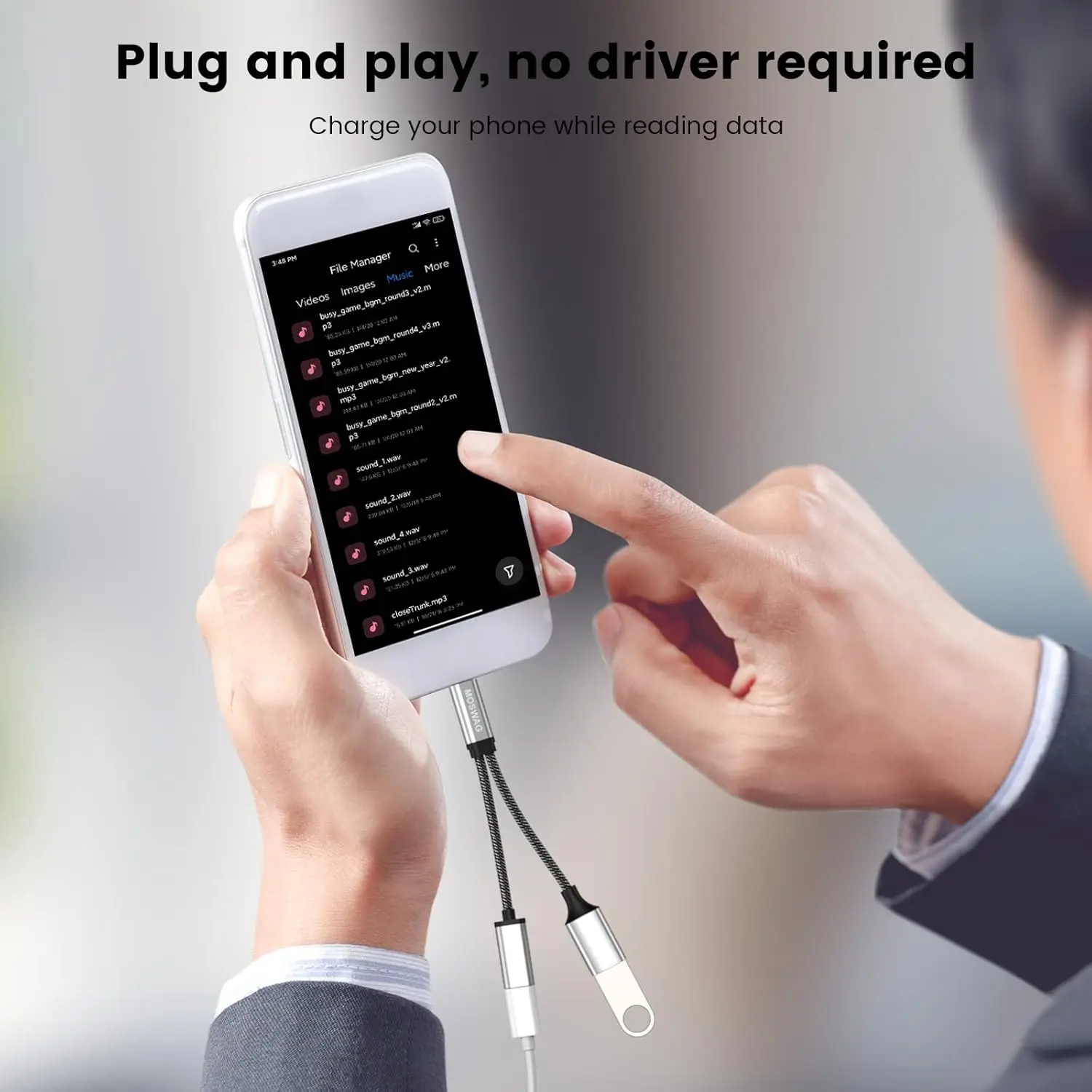 This USB C OTG adapter splitter features a USB C female port for 18W PD fast charging and a USB A female port for data transfer, offering wide compatibility with devices like Chromecast, Samsung Galaxy, Google Pixel, and LG phones.