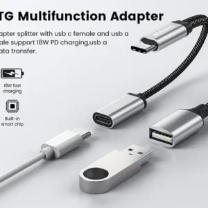 This USB C OTG adapter splitter features a USB C female port for 18W PD fast charging and a USB A female port for data transfer, offering wide compatibility with devices like Chromecast, Samsung Galaxy, Google Pixel, and LG phones.
