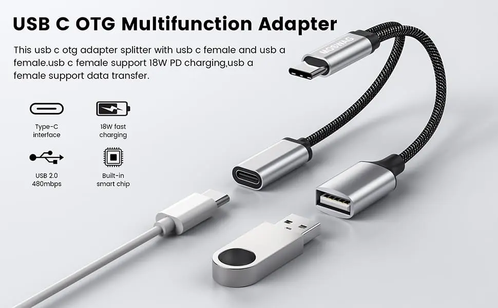 This USB C OTG adapter splitter features a USB C female port for 18W PD fast charging and a USB A female port for data transfer, offering wide compatibility with devices like Chromecast, Samsung Galaxy, Google Pixel, and LG phones.